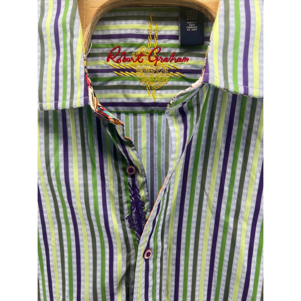 Robert Graham Men's 2XLT Green Purple Stripe Long Sleeve Button Down Shirt - Picture 2 of 13